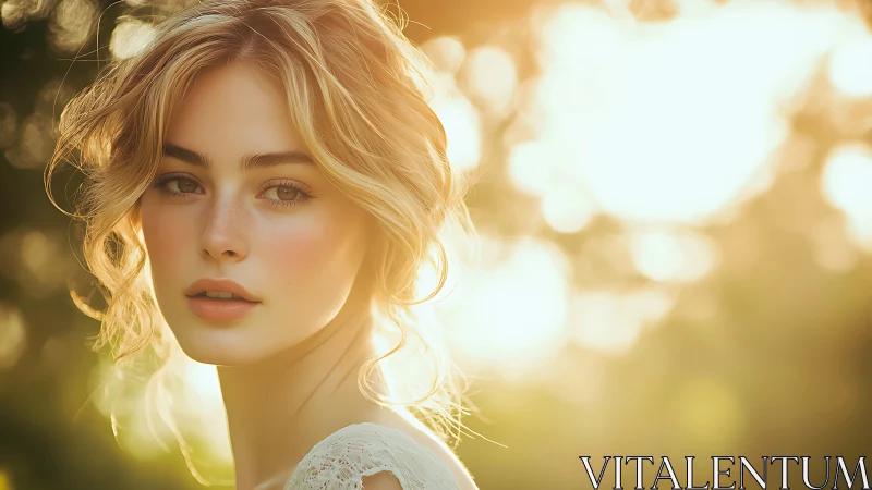 Sunlit portrait of blonde woman in golden bokeh glow.