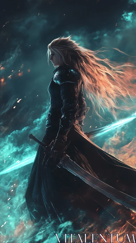 Fantasy warrior profile in luminous elemental battlefield digital painting.