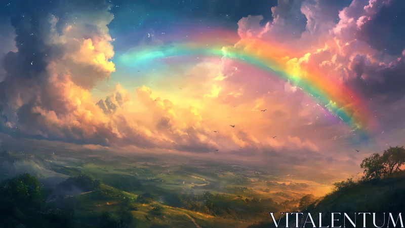 Radiant fantasy rainbow arcs above glowing valley sky