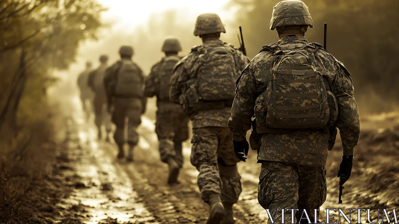 Marching soldiers on muddy forest path at golden sunrise.
