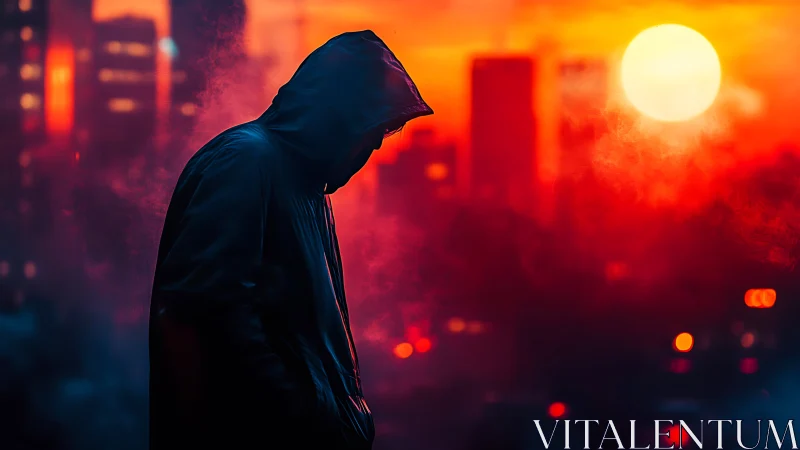 Hooded wanderer pauses in glowing neon city sunset.