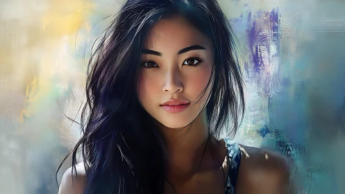 Digital portrait of young woman against abstract painterly field.