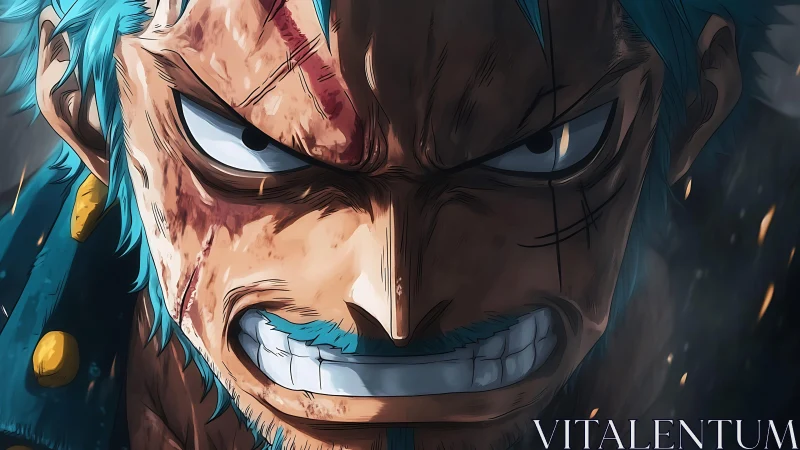 Battle-scarred blue-haired warrior locked in burning fury.