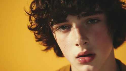 Sunlit curls and quiet freckles in golden portrait gaze.