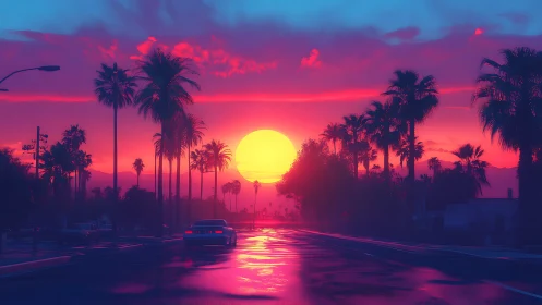 Neon sunset glows over palm-lined boulevard and car