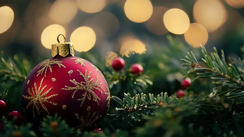 Red ornament nestles in evergreen branches under golden lights.