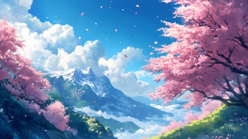 Digital painting of alpine peaks framed by luminous sakura grove.