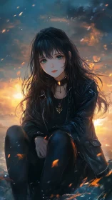 Stormlit girl in black quietly rules the burning horizon