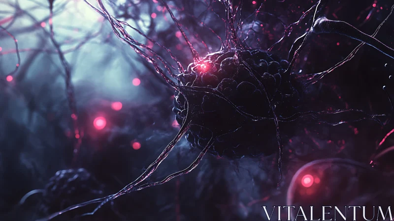 Glowing neural cluster in dark sci fi biological network.