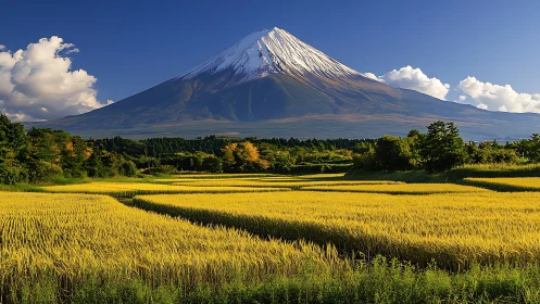 Snow-capped stratovolcano above cultivated rice terraces.