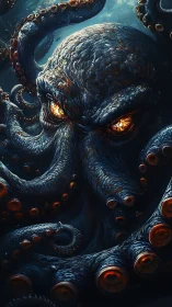 Giant undersea cephalopod with glowing eyes and tentacles.