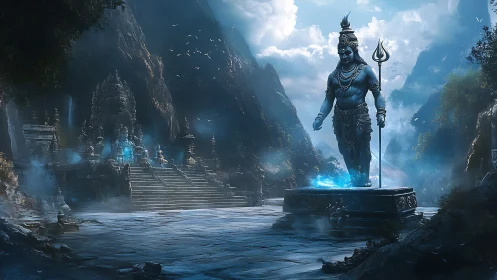 Monumental Shiva statue dominates mist-laden Himalayan temple court