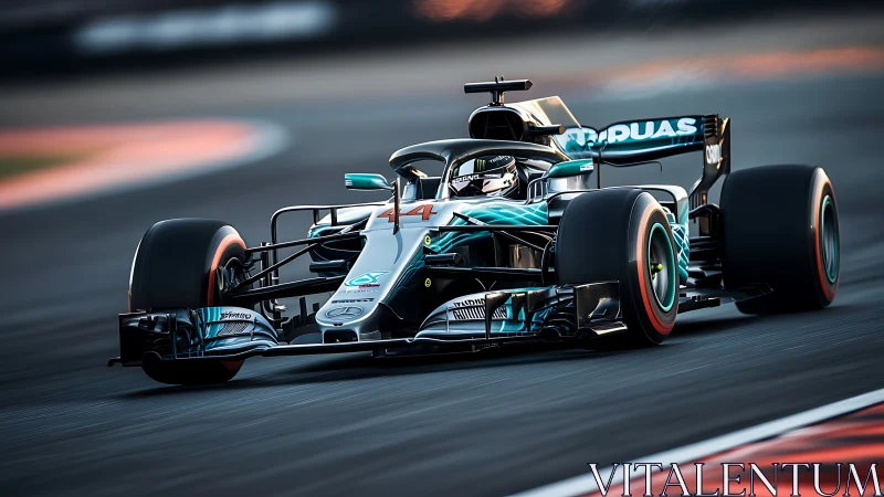 High-downforce Formula car cornering with visible aero detailing