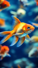 Vibrant orange goldfish swimming in soft blurred aquarium.