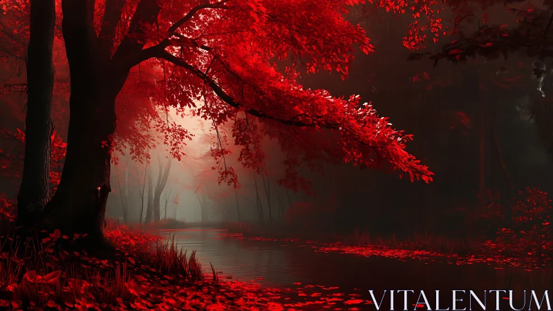 Crimson riverbank dream where scarlet trees quietly smolder.