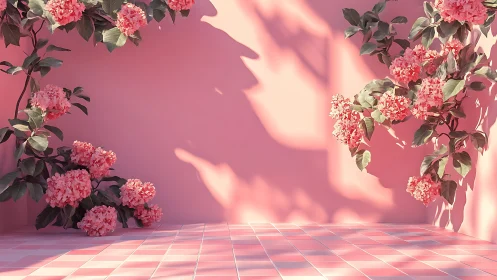 Pink Hydrangeas in Minimalist 3D Environment with Dynamic Shadow Play