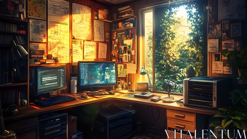 Sunlit programmer workspace with dual monitors and notes.