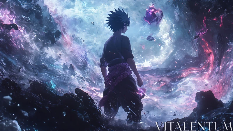 Anime warrior stands before swirling cosmic storm portal.