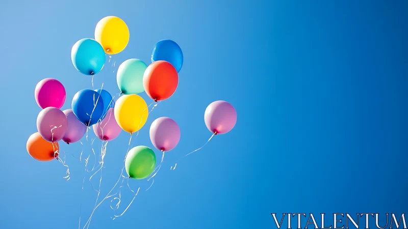 Colored balloons suspended against clear blue sky gradient