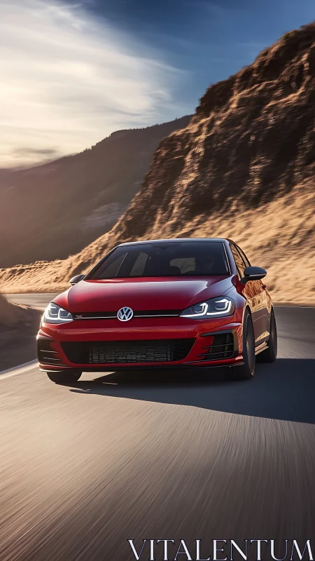 Red sport hatchback cuts through sunlit canyon highway
