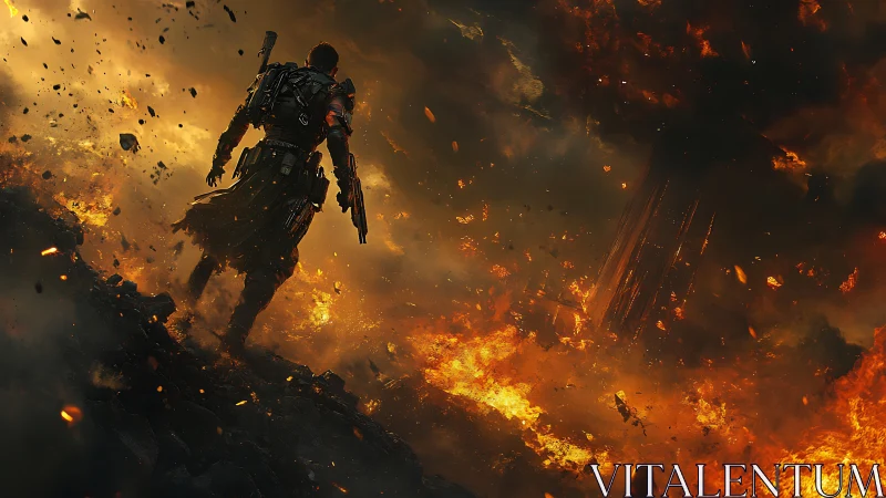 Armored soldier advancing through burning battlefield landscape.