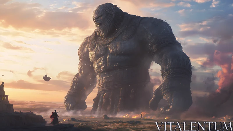 Colossal stone titan strides across burning twilight plain
