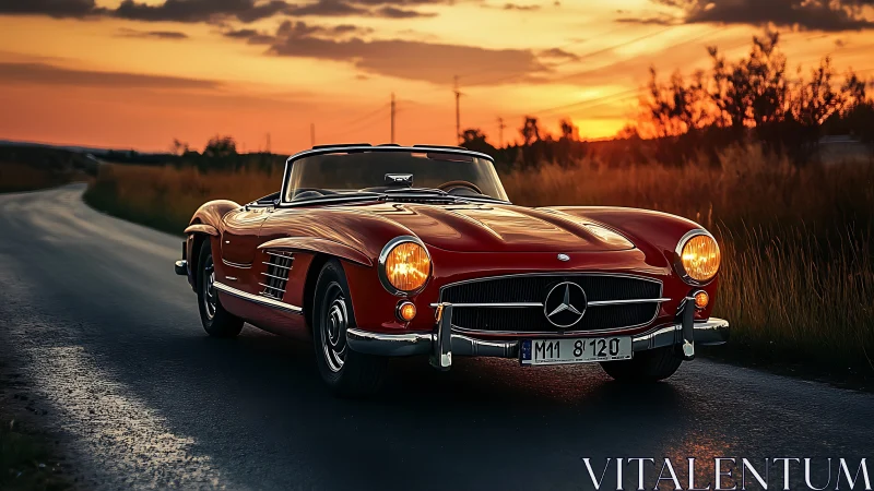 Classic red Mercedes roadster on rural highway at sunset