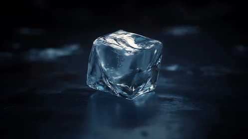 Single ice cube rests on reflective dark surface in focus