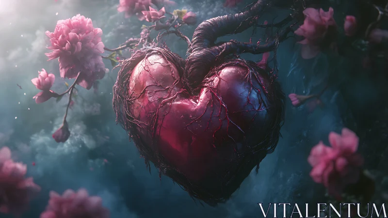 Mystical Anatomical Heart Surrounded by Pink Peonies.