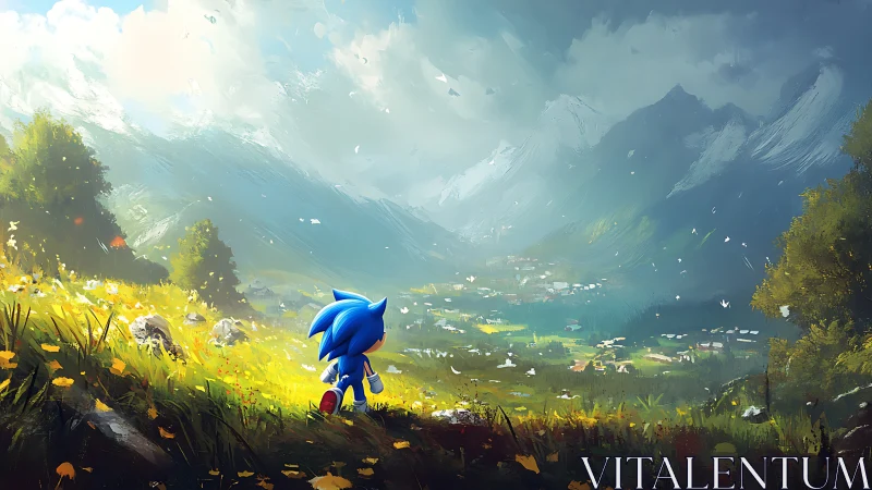 Blue hedgehog overlooking sunlit alpine valley landscape