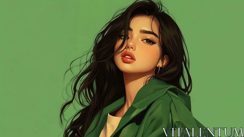 Stylized woman portrait with flowing hair on green field