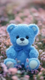 Blue teddy bear sits among soft pink spring blossoms.
