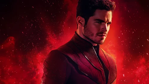 Armored male portrait in vivid red cosmic light.