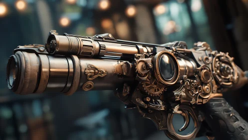 Steampunk rifle gleams with intricate brass mechanics and glass