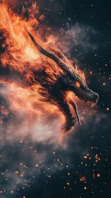 Ember-crowned dragon streaking through star-flecked smoke.