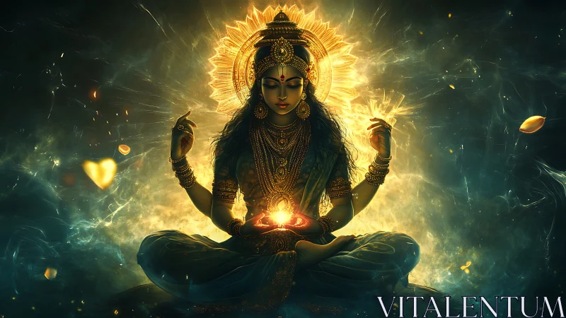 Seated radiant deity figure in ornate golden attire.