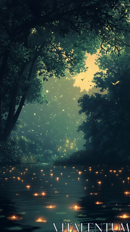 Glowing Lanterns Float Across Enchanted Forest Waters