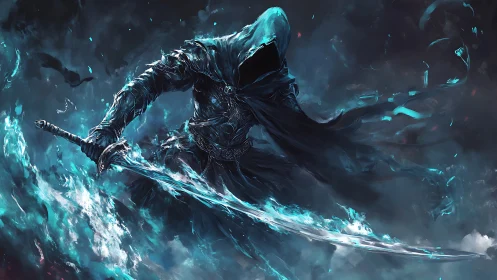 Hooded spectral swordsman amid blue energy currents.