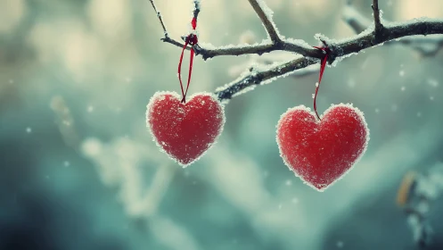 Frost-Encrusted Heart Ornaments Suspended on Winter Branch