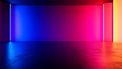 Glowing neon room blending soothing blue, pink, and gold light.