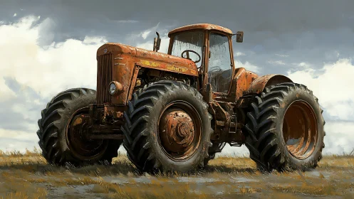 Rusty dual-wheeled tractor stands on wet grassy field