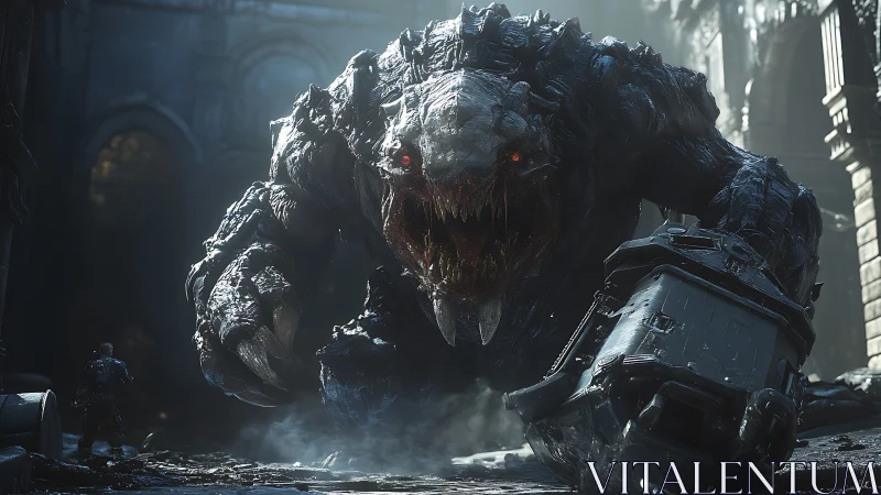 Colossal rock-skinned behemoth charging through ruined citadel.