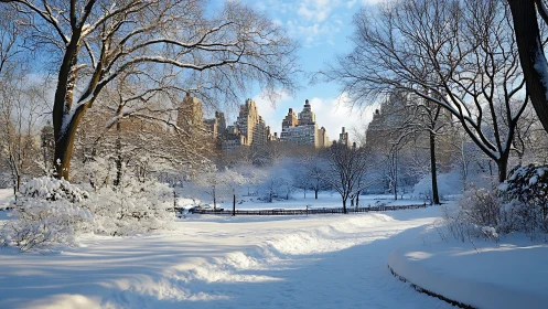 Snowy city park glows softly under a calm winter sunrise