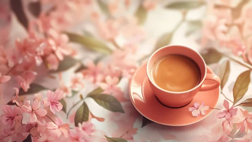 Soft-focus pink coffee cup amid detailed cherry blossom bokeh