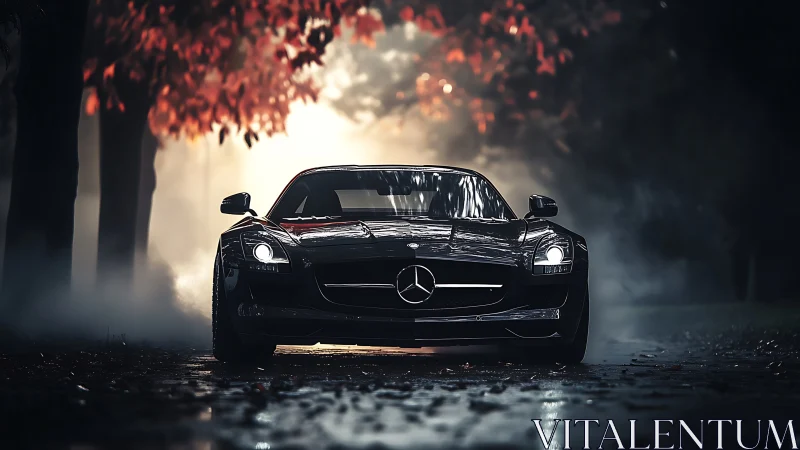 Midnight Mercedes prowls a fog-laced autumn forest road.