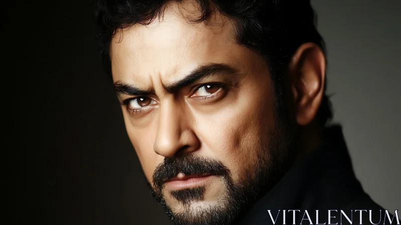 Intense bearded man’s piercing stare in dramatic close-up.