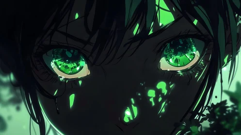 Enchanted green eyes glowing with quiet otherworldly power.