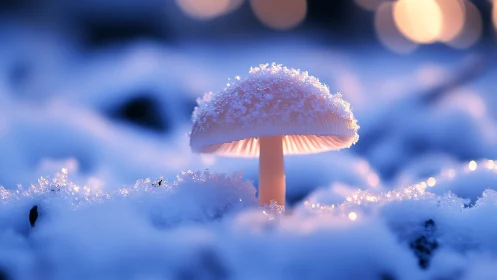 Snow-dusted mushroom glows softly in a dreamy winter dusk.