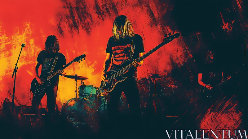 Guitars carve neon thunder as silhouettes burn through red