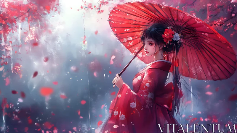 Crimson parasol maiden amid misty cherry blossoms at dusk.